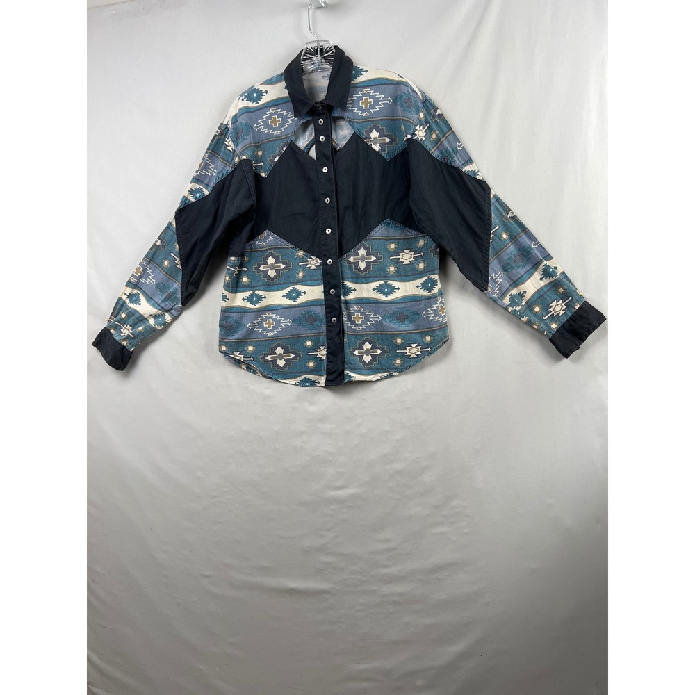 Southwest Canyon Button Down Shirt Women Medium Blue Tribal Vintage 1994 Cutout